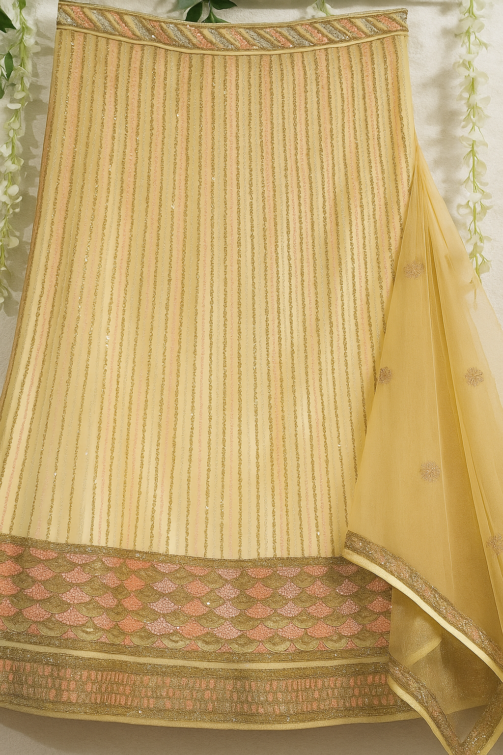 Elegant Cream-Gold Embroidered Lehenga Set with Heavy Border & Dupatta