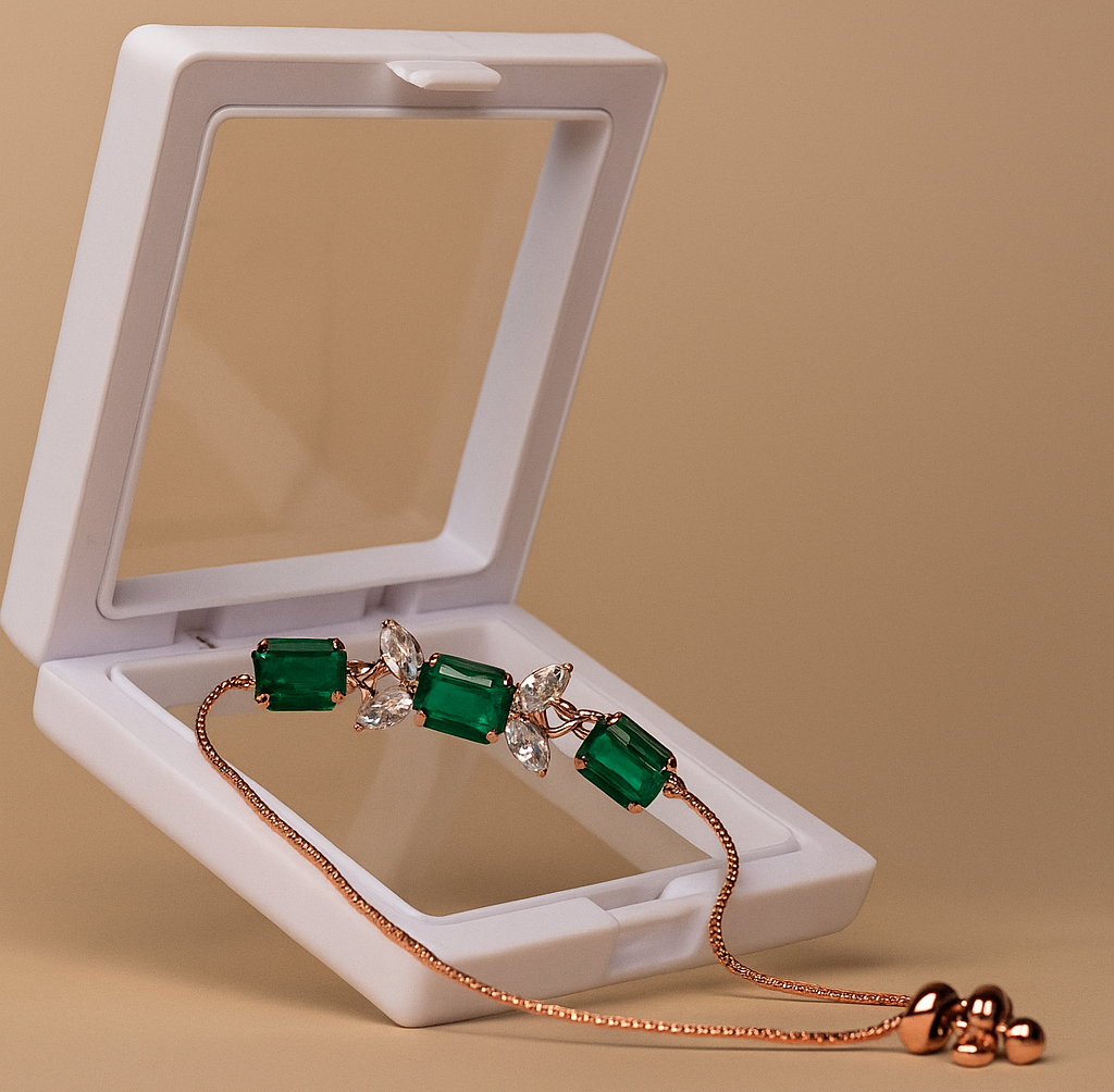 Emerald Green Charm Adjustable Bracelet – Rose Gold Finish