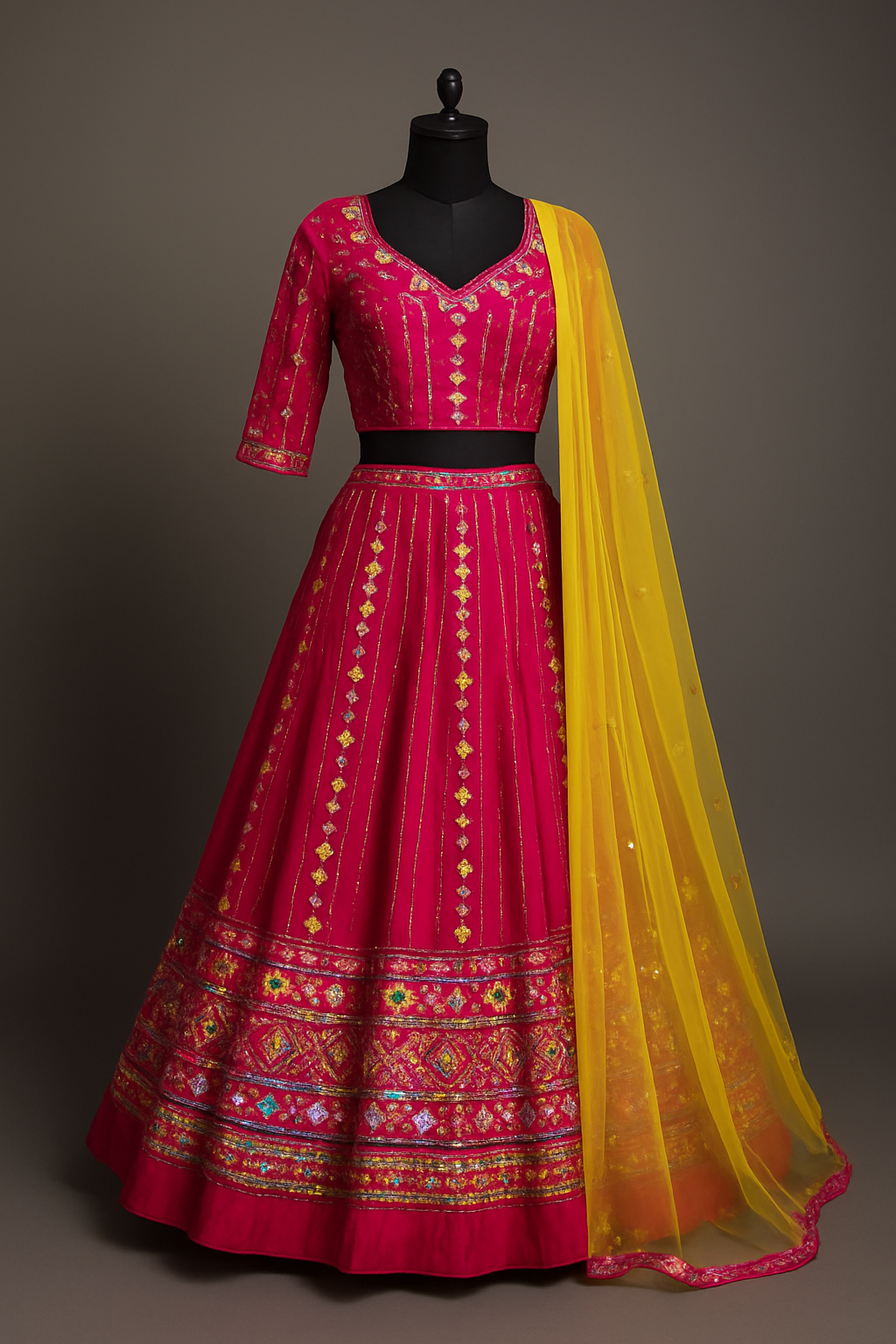 Vibrant Pink Mirror Work Lehenga with Yellow Dupatta