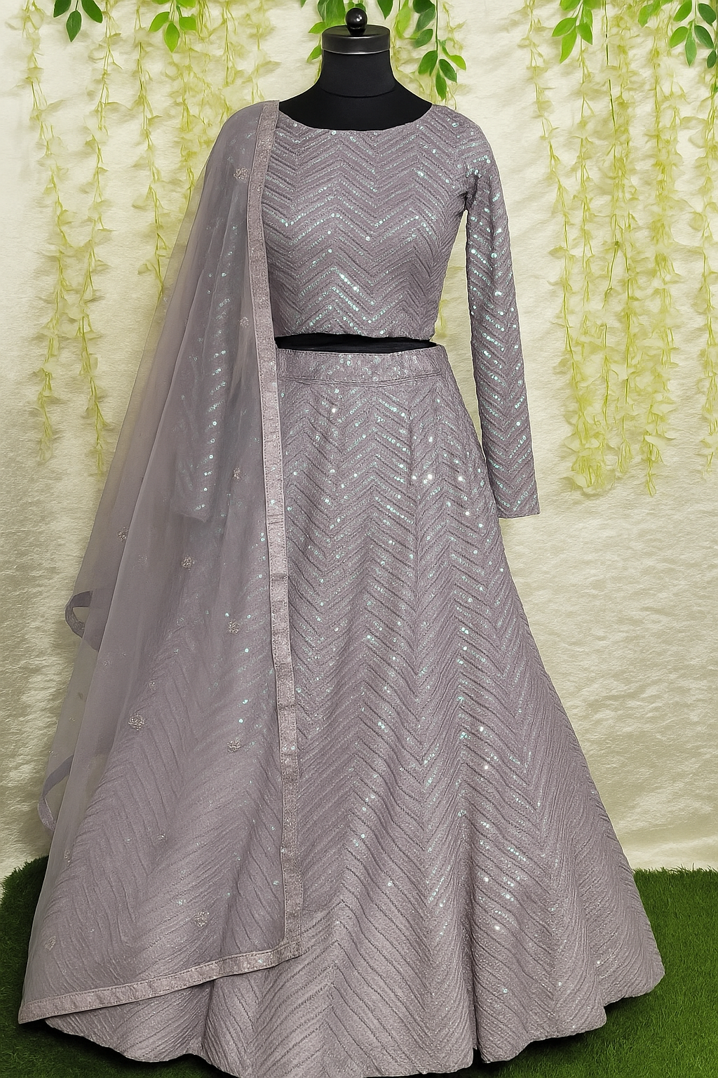 ✨ Elegant Lilac Sequin Work Long Sleeve Lehenga Set ✨