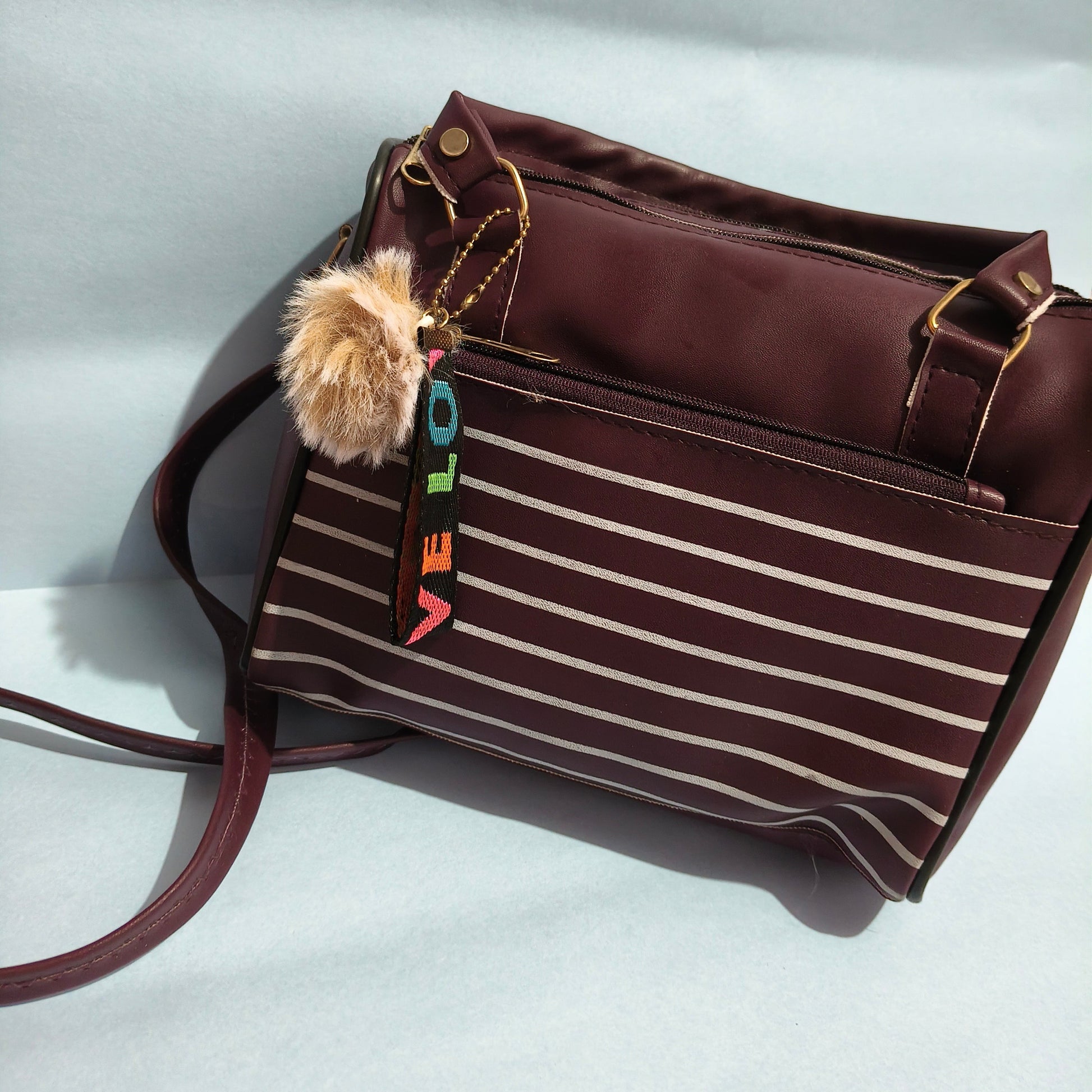 Trendy Maroon Striped Handbag with LOVE Tag & Fur Charm – SBS Everyday Glam