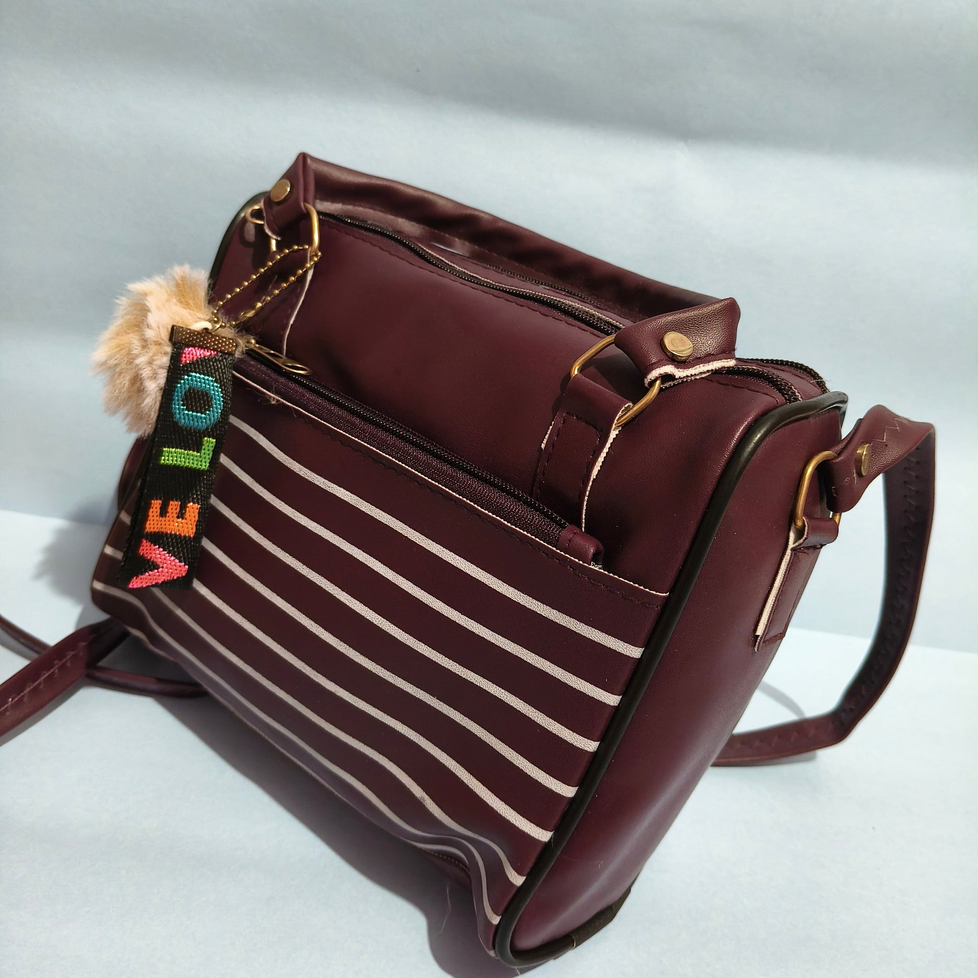 Trendy Maroon Striped Handbag with LOVE Tag & Fur Charm – SBS Everyday Glam