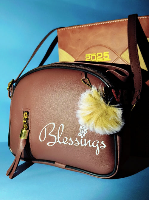 Chic Brown “Blessings” Sling Bag with Golden Zip & Fur Charm – SBS Trend Collection
