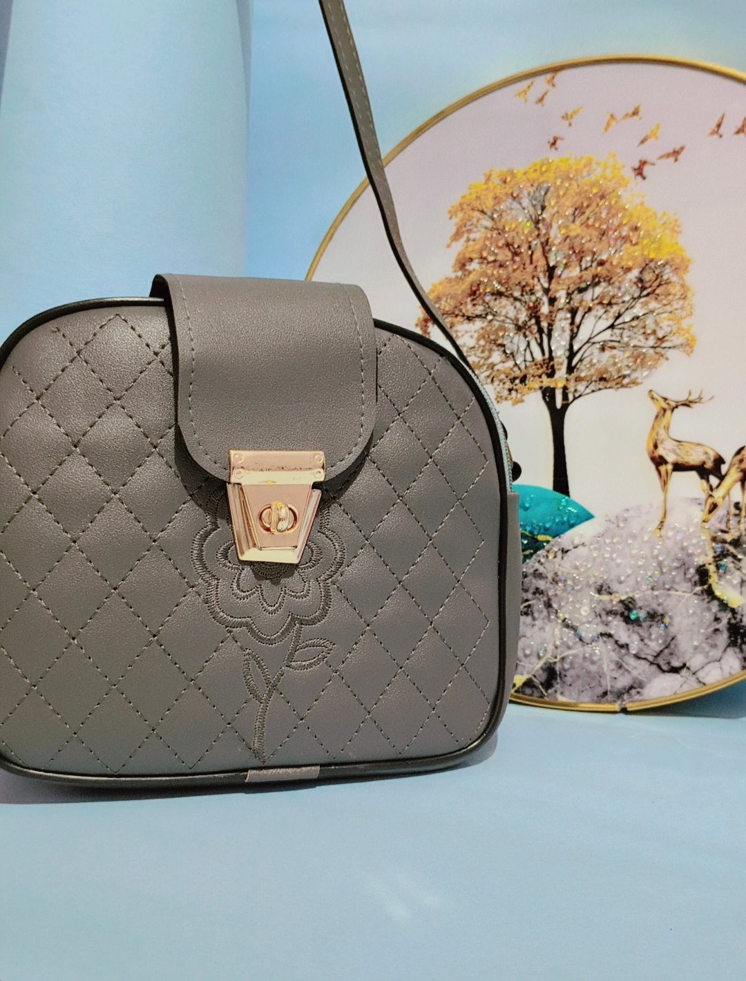 Elegant Grey Quilted Sling Bag with Floral Embroidery – SBS Classic Charm