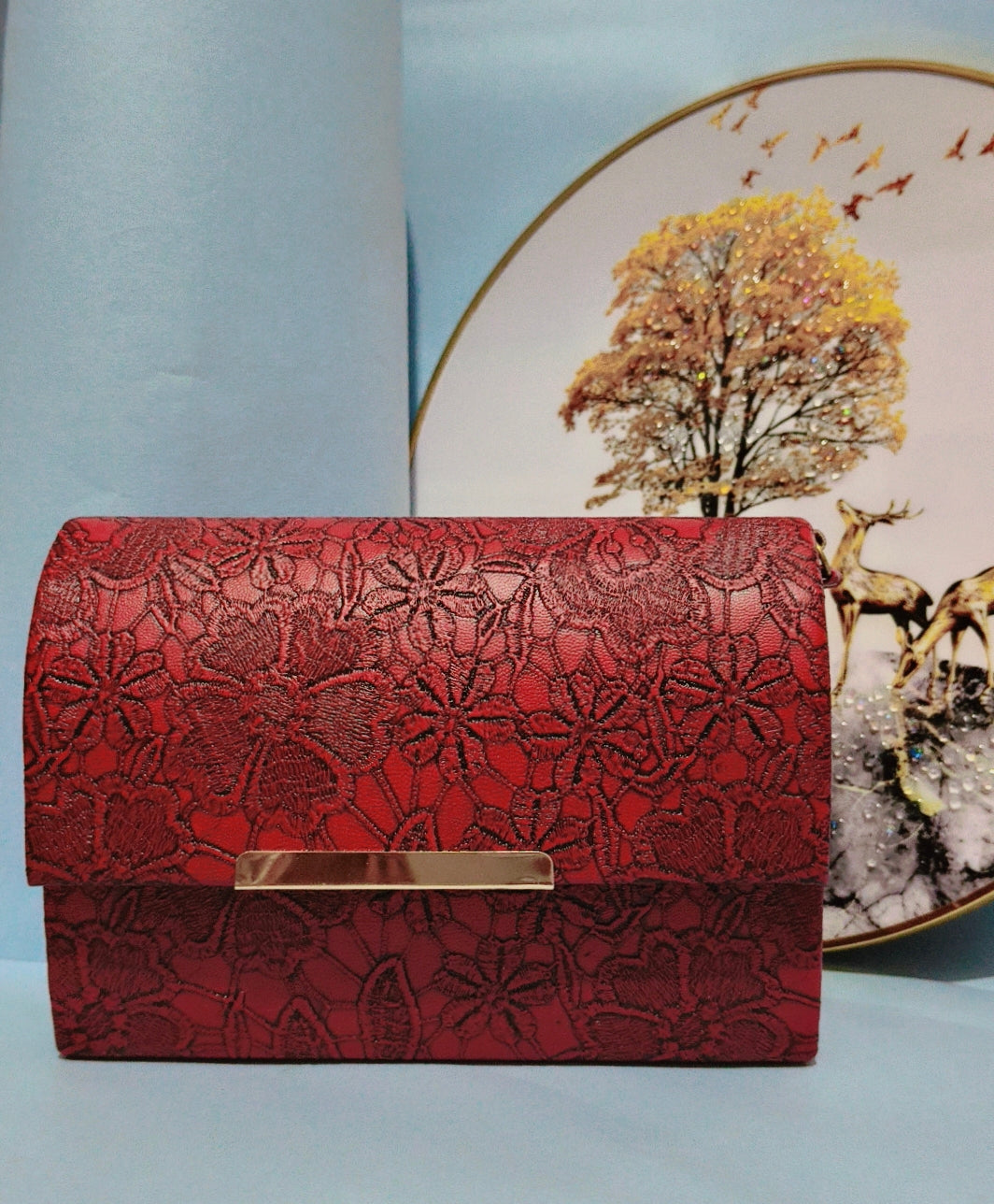 Floral Textured Maroon Clutch with Gold Accent – The SBS Studio