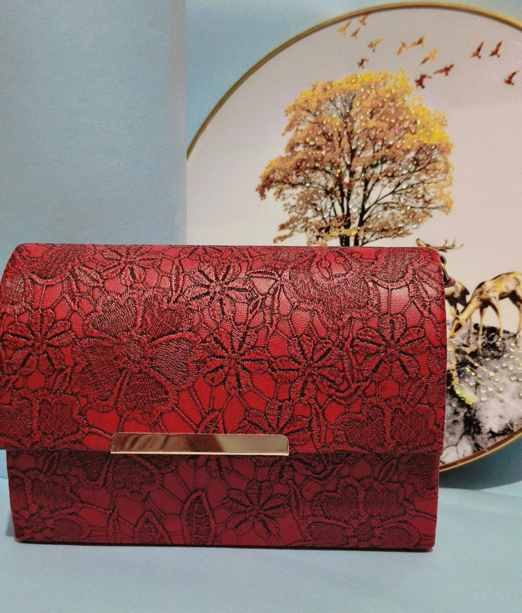 Floral Textured Maroon Clutch with Gold Accent – The SBS Studio