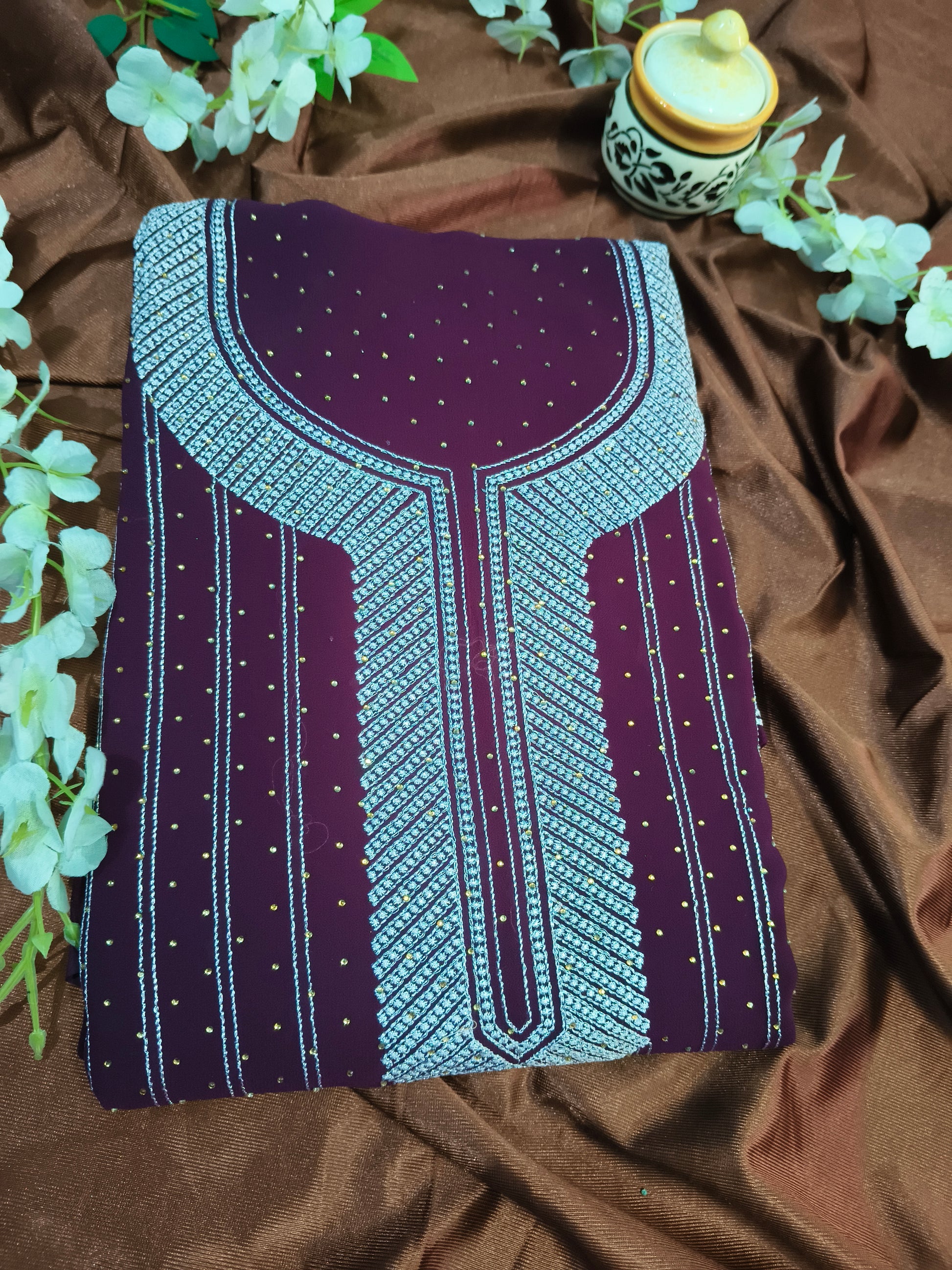 Wine Georgette Unstitched Embroidered Suit Set with Dupatta & Bottom Fabric