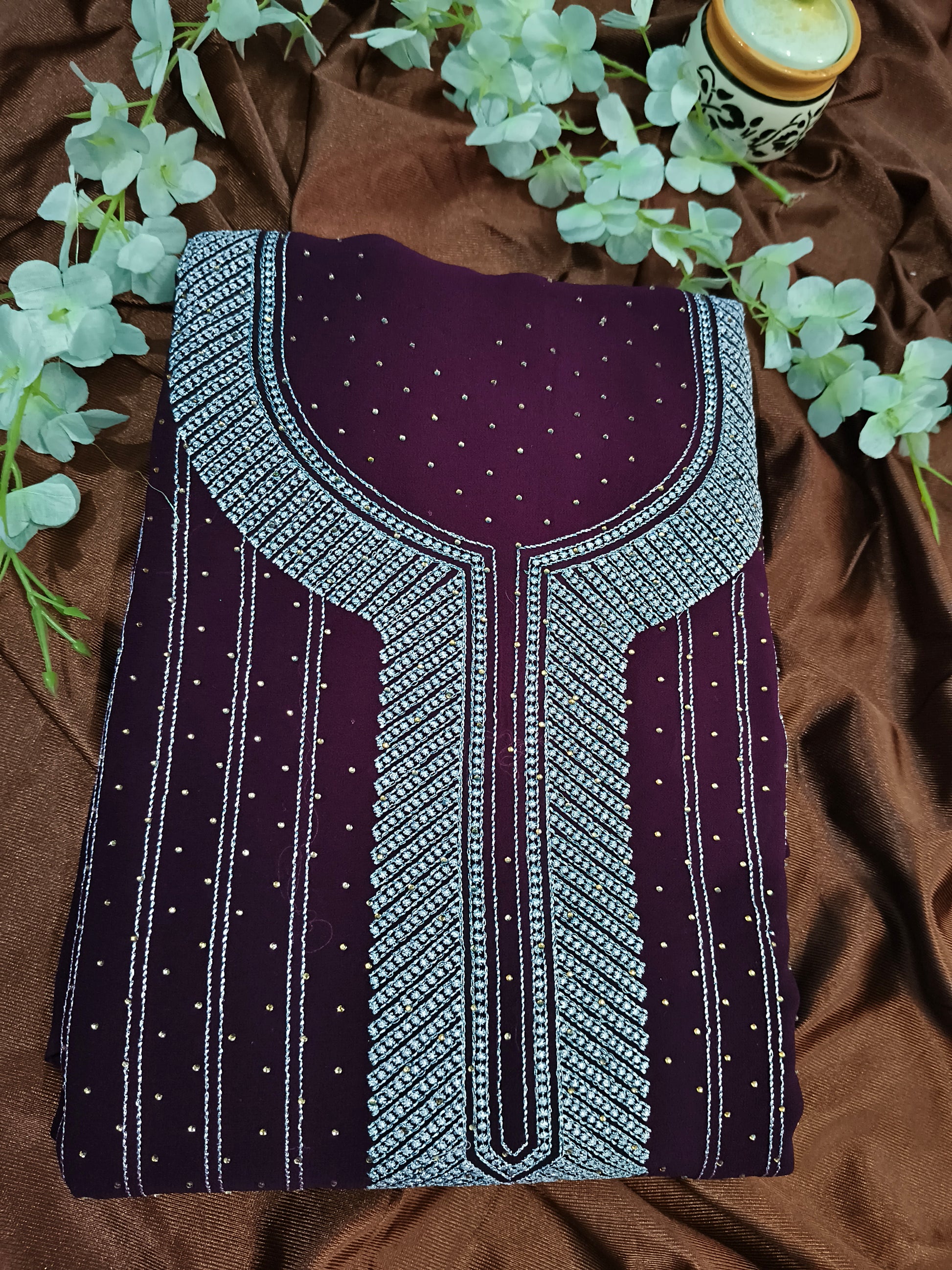 Wine Georgette Unstitched Embroidered Suit Set with Dupatta & Bottom Fabric