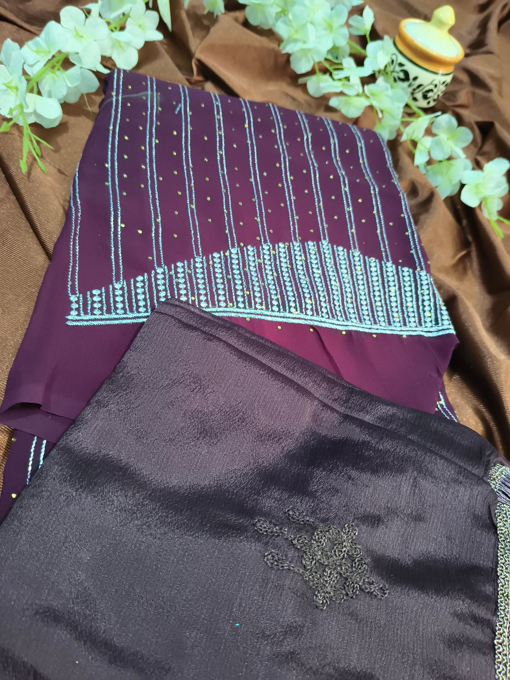 Wine Georgette Unstitched Embroidered Suit Set with Dupatta & Bottom Fabric