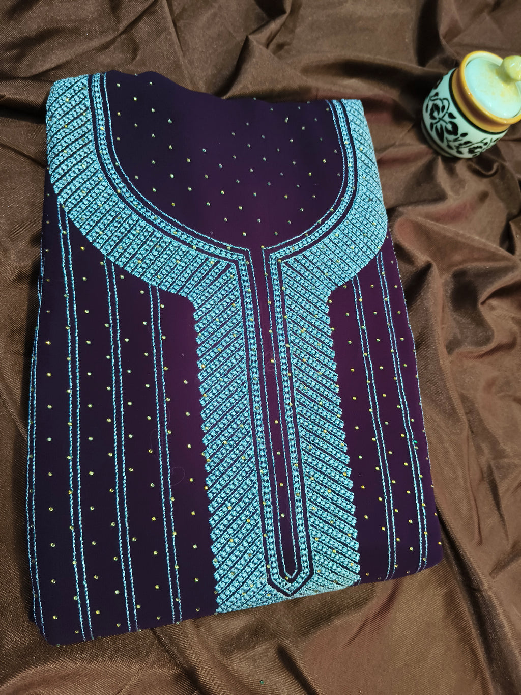 Wine Georgette Unstitched Embroidered Suit Set with Dupatta & Bottom Fabric