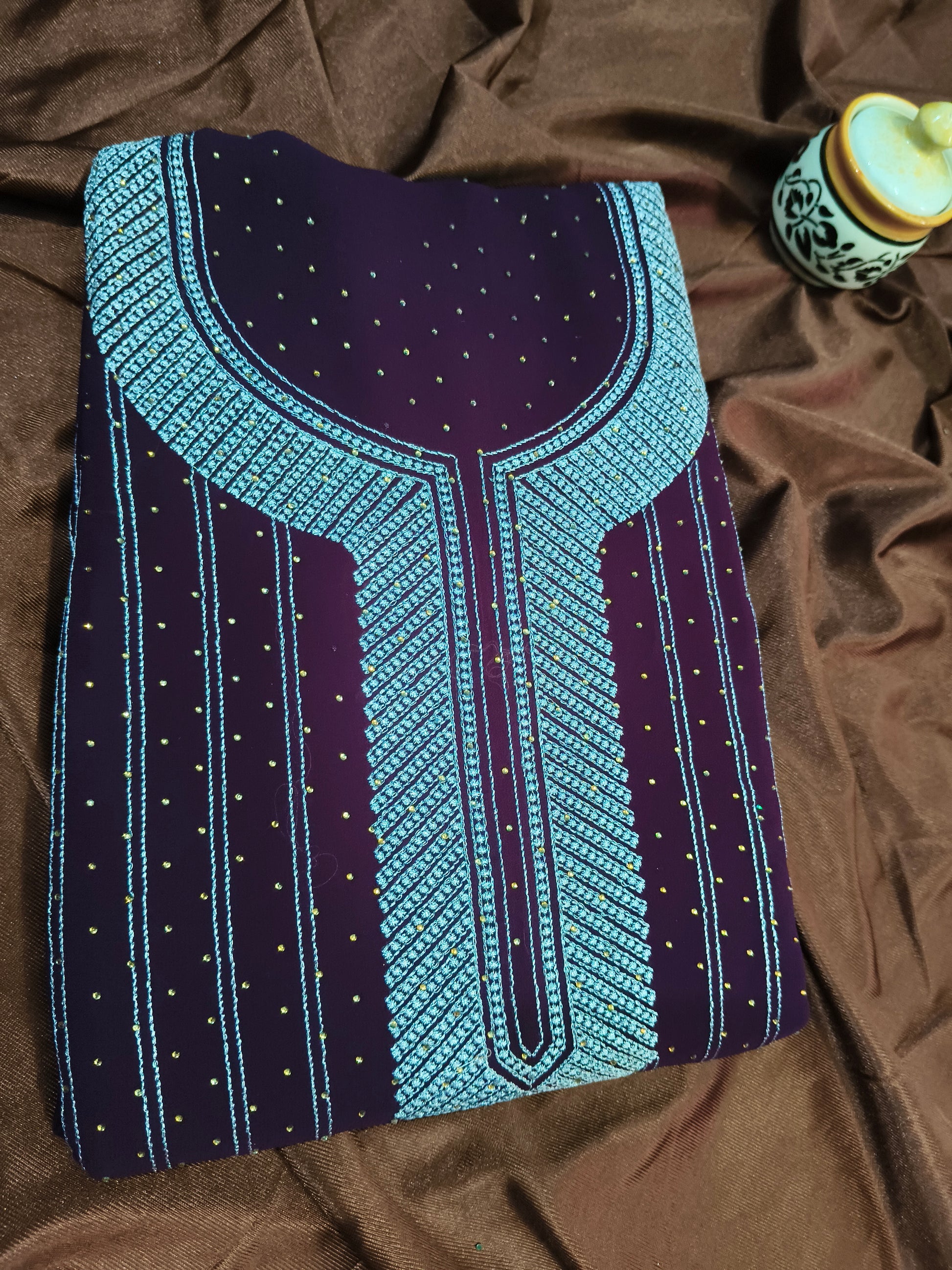 Wine Georgette Unstitched Embroidered Suit Set with Dupatta & Bottom Fabric