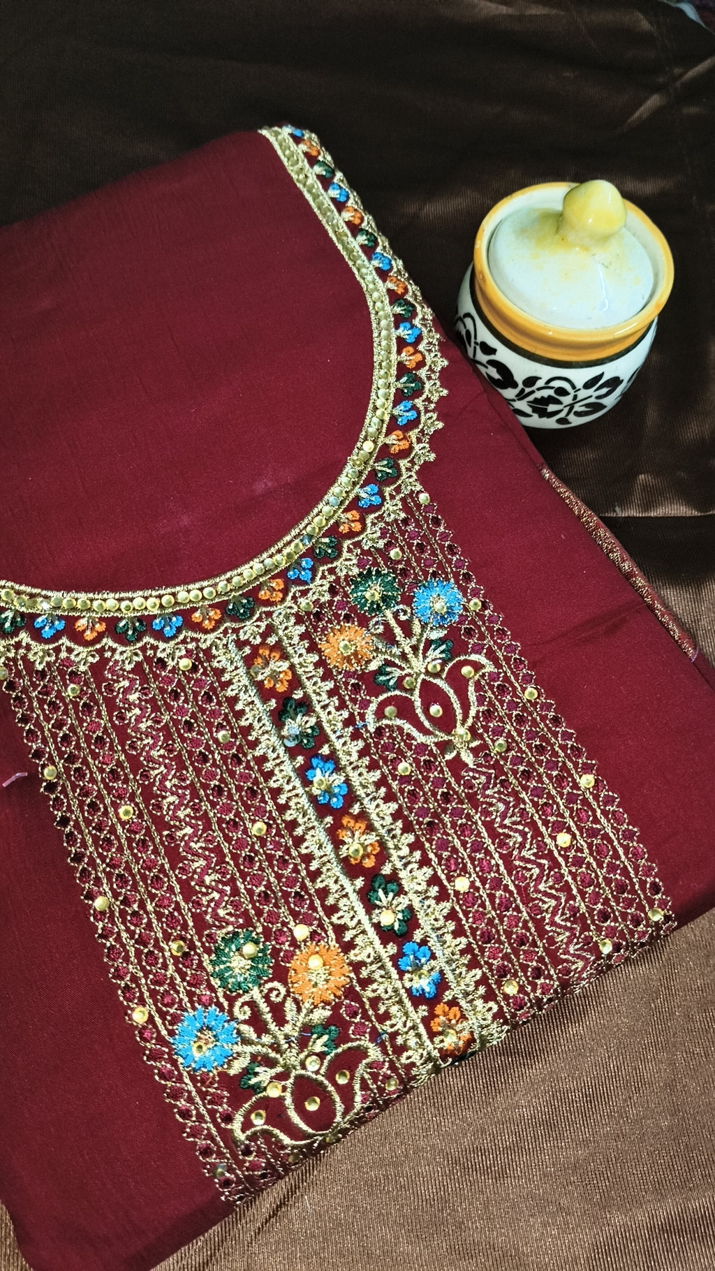 Maroon Heavy Embroidered Unstitched Suit