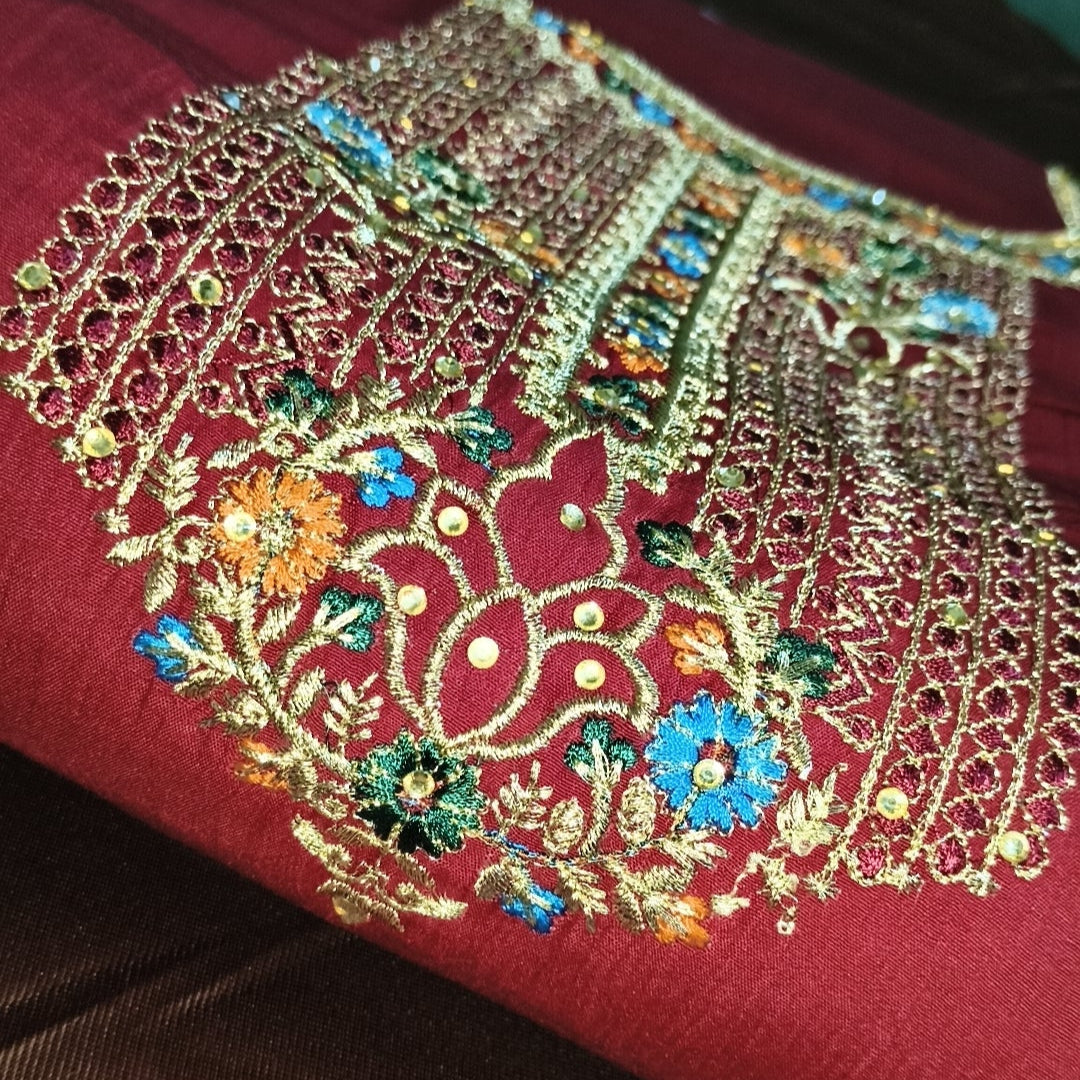 Maroon Heavy Embroidered Unstitched Suit