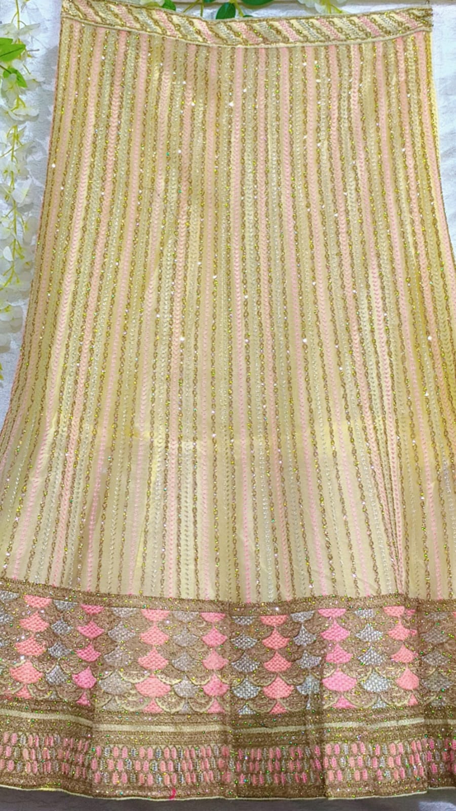 Elegant Cream-Gold Embroidered Lehenga Set with Heavy Border & Dupatta