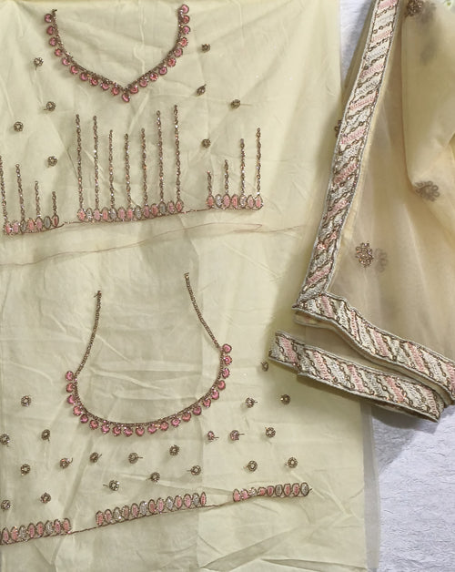 Elegant Cream-Gold Embroidered Lehenga Set with Heavy Border & Dupatta