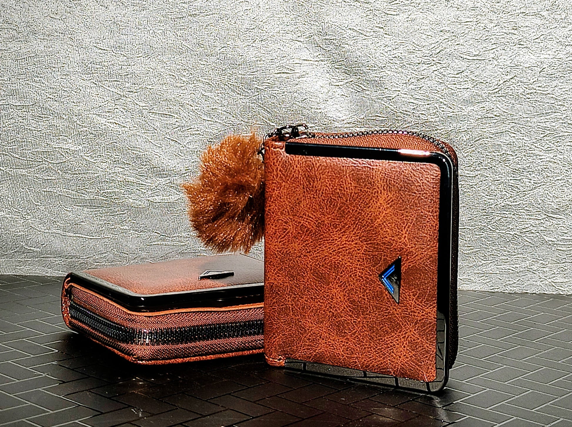 🧳 Premium Faux Leather Brown Wallet with Zipper & Fur Charm – Sleek & Trendy