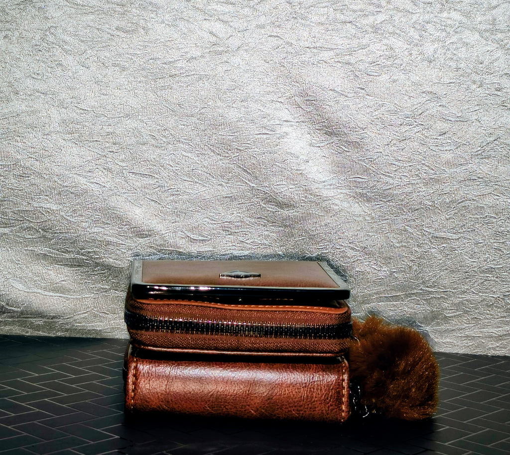 🧳 Premium Faux Leather Brown Wallet with Zipper & Fur Charm – Sleek & Trendy
