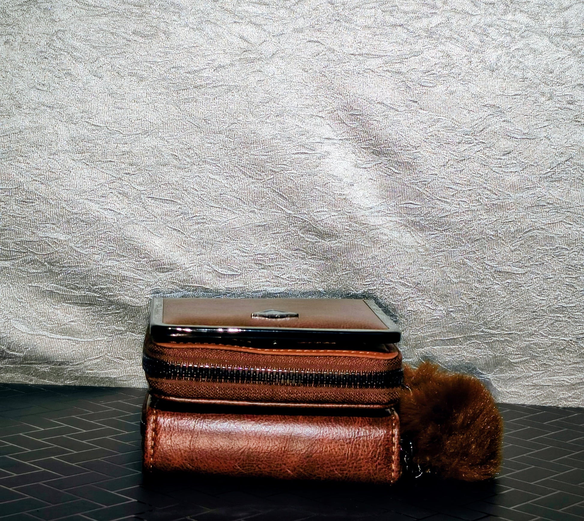 🧳 Premium Faux Leather Brown Wallet with Zipper & Fur Charm – Sleek & Trendy