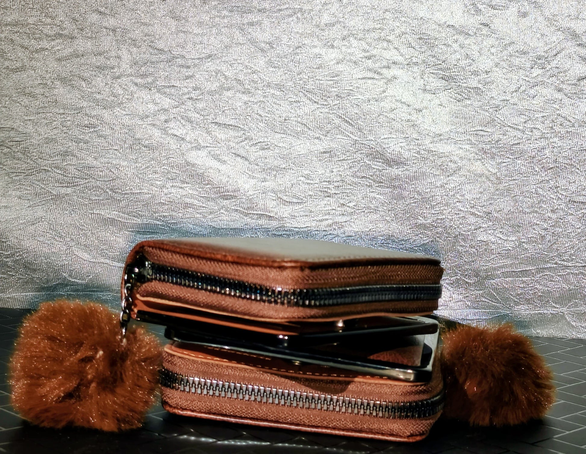 🧳 Premium Faux Leather Brown Wallet with Zipper & Fur Charm – Sleek & Trendy